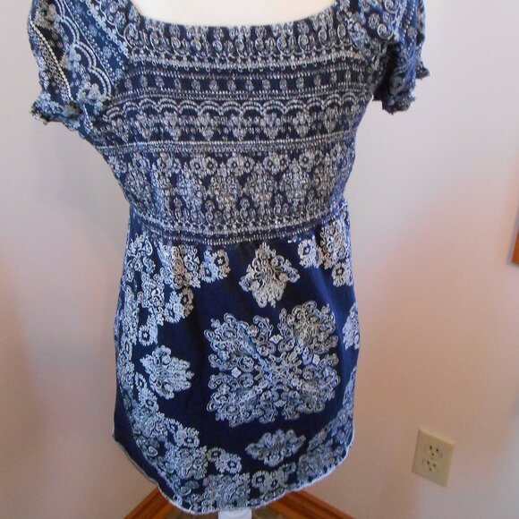 Roz & Ali Womens Navy Blue Short Sleeve Elastic Bodice Square Neck Boho Blouse-L - Picture 3 of 4